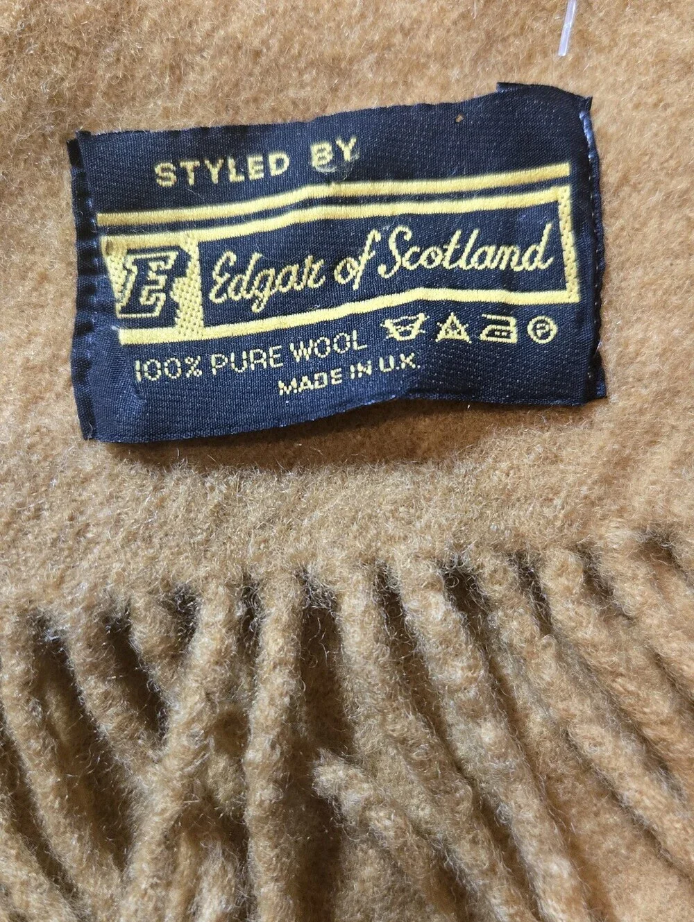 Vintage Edgar Of Scotland 100% Wool Large Scarf Goldenrod Color Plaid Background